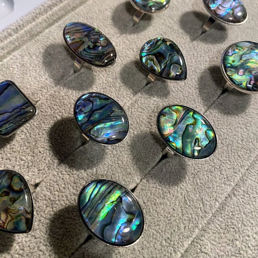 NEW Oversized Abalone Statement Ring Silver Boho Iridescent Shell Jewelry GIFT